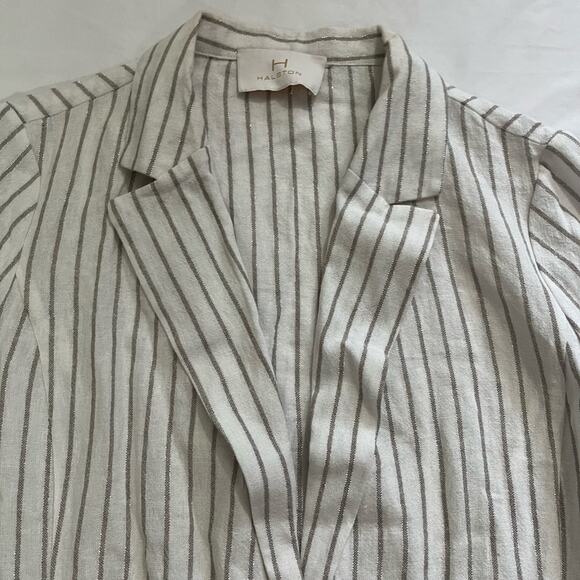 H by Halston V-Neck Linen Blend Sliver Stripes Metallic Pocket Blazer Size L - Picture 2 of 9